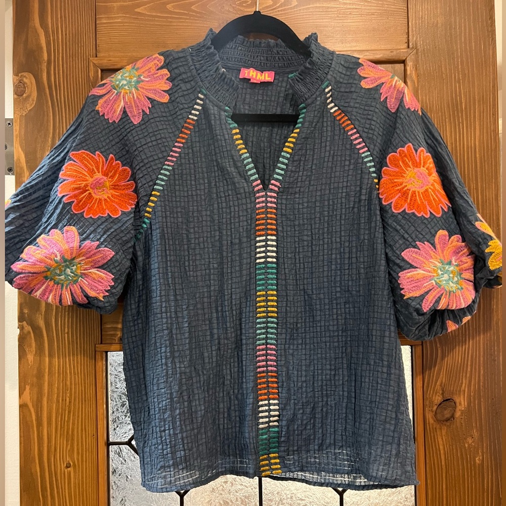 Embroidered Floral Navy Top